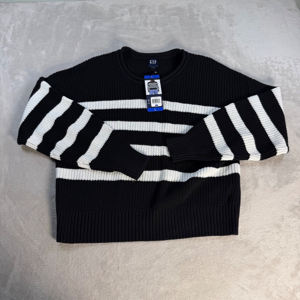 Gap Striped Shaker Stitch Sweater Womens Large Black White Cotton Crewneck New